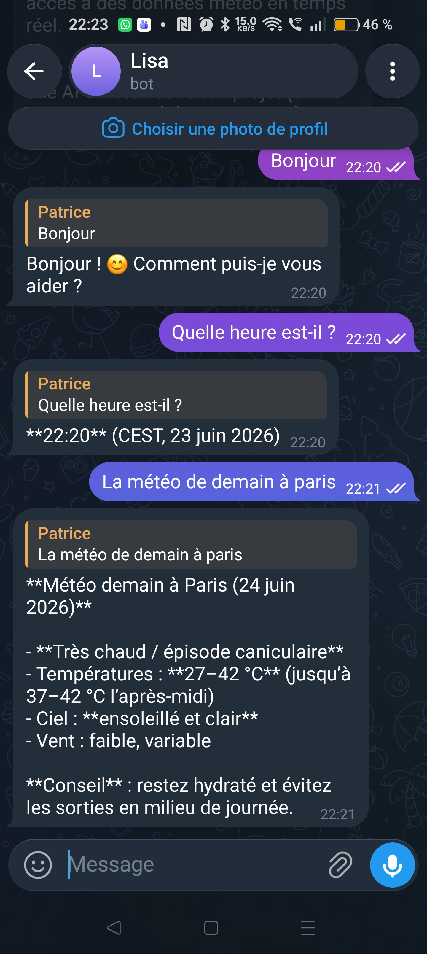 Telegram: instant greeting, the time, and tomorrow's live weather in Paris via web search