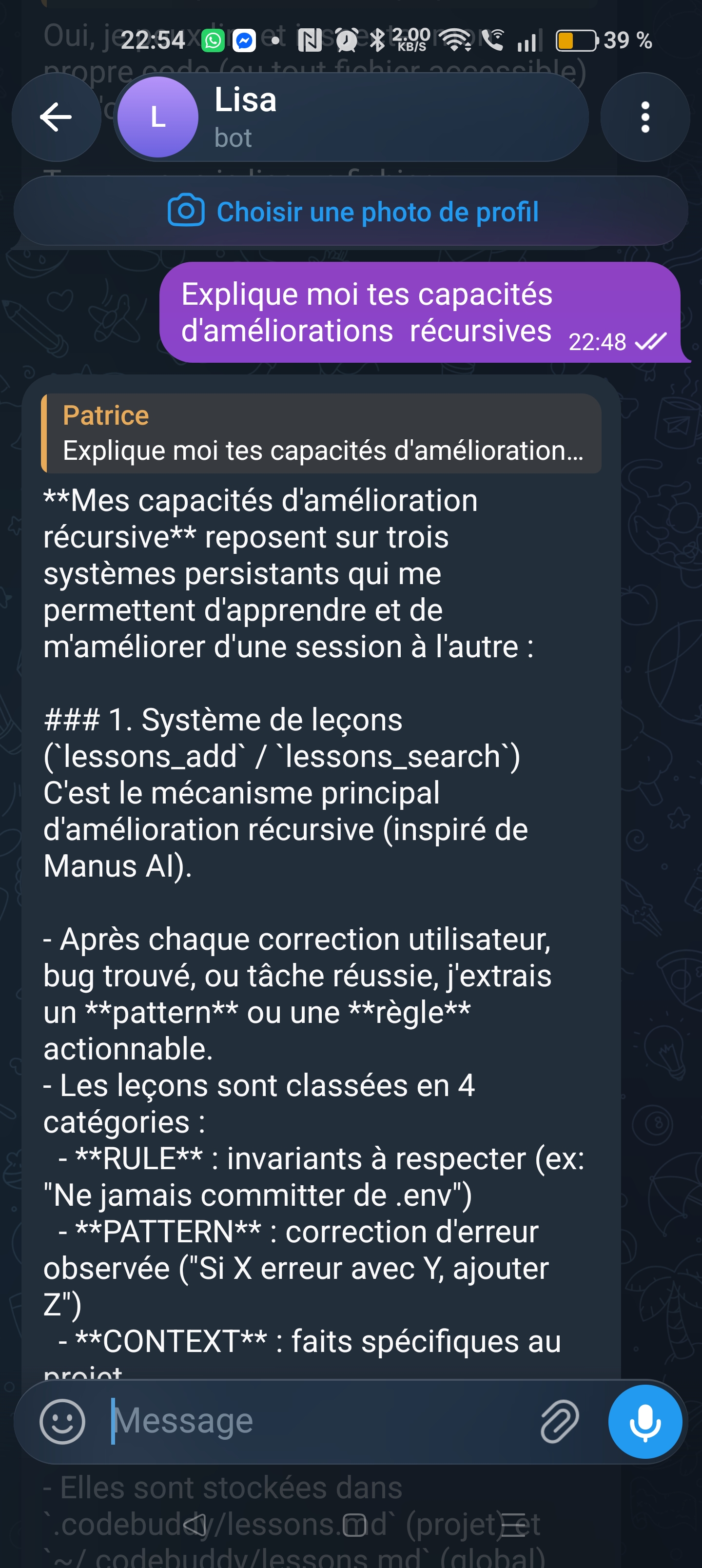 Telegram: the agent explains its recursive self-improvement — Manus-inspired lessons in RULE / PATTERN / CONTEXT categories, stored in .codebuddy/lessons.md
