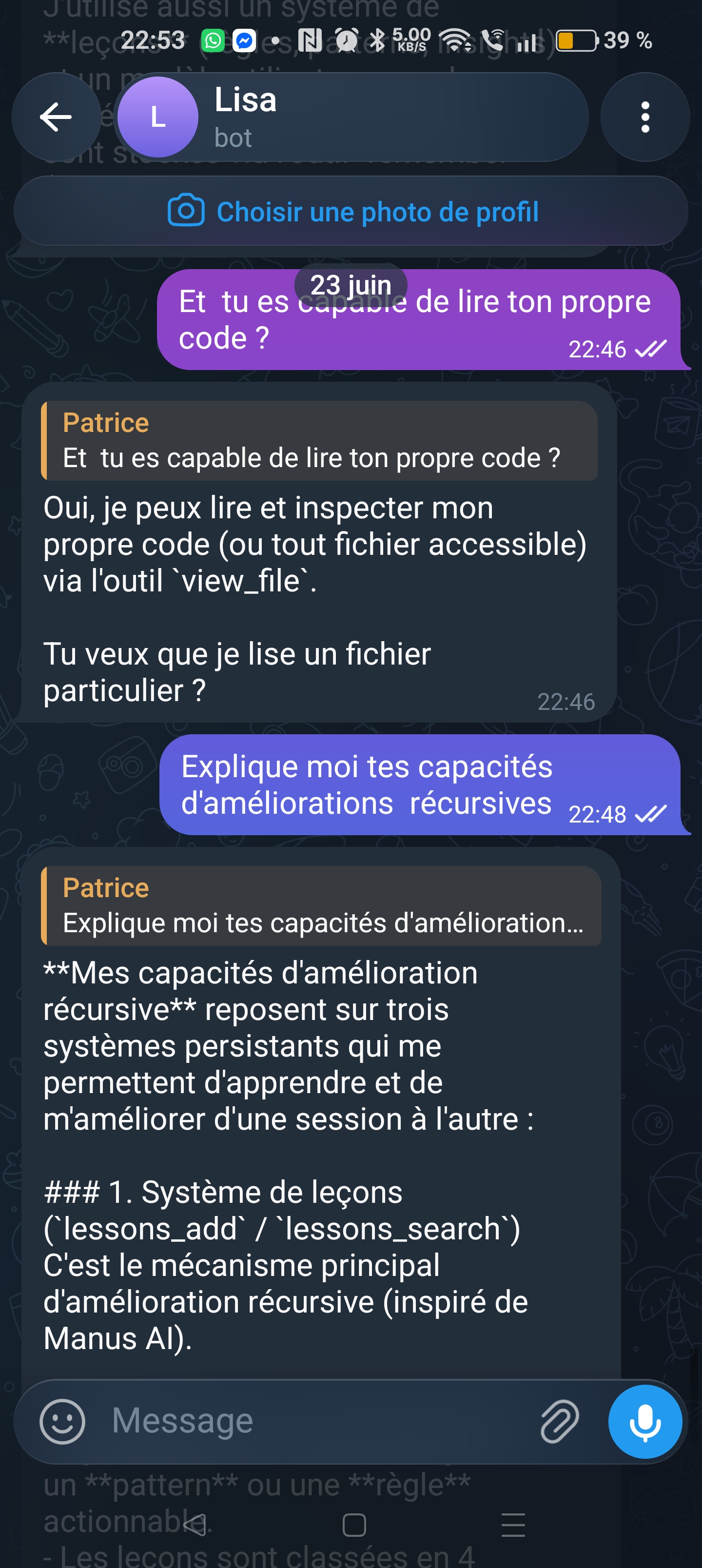 Telegram: the agent confirms it can read and inspect its own source code via view_file