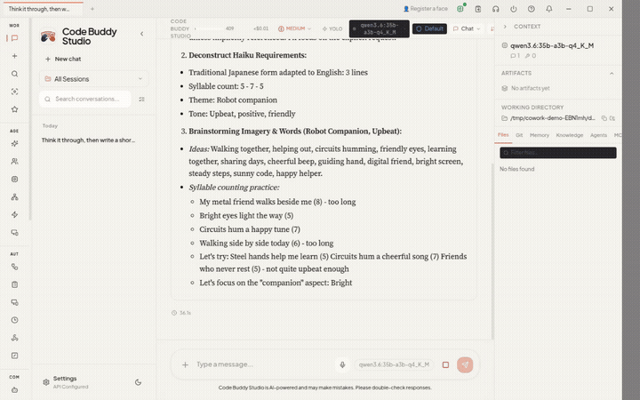A local Ollama reasoning model thinking on screen in the Cowork desktop app