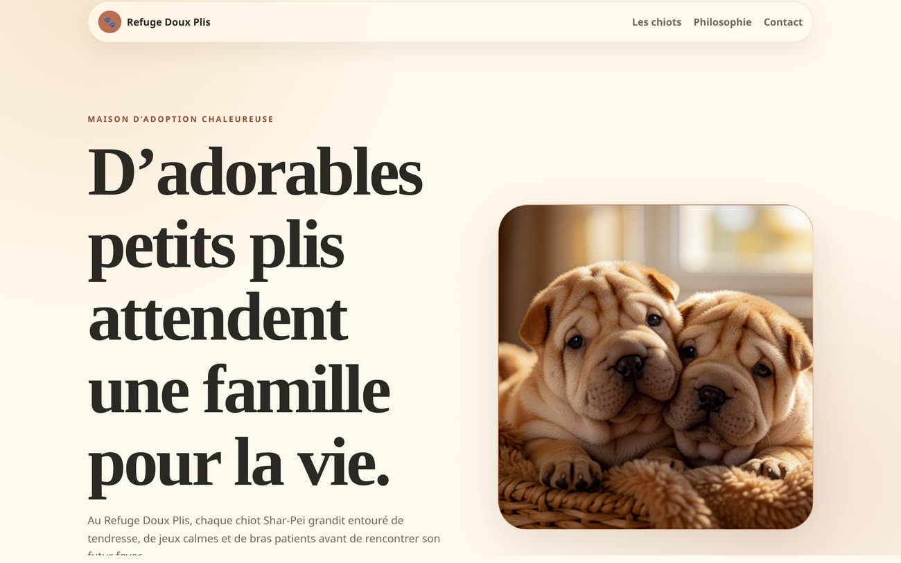 The finished Shar-Pei adoption site generated by Code Buddy App Studio