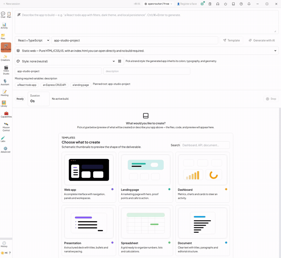Code Buddy App Studio scaffolding an app, starting a dev server and showing a live preview